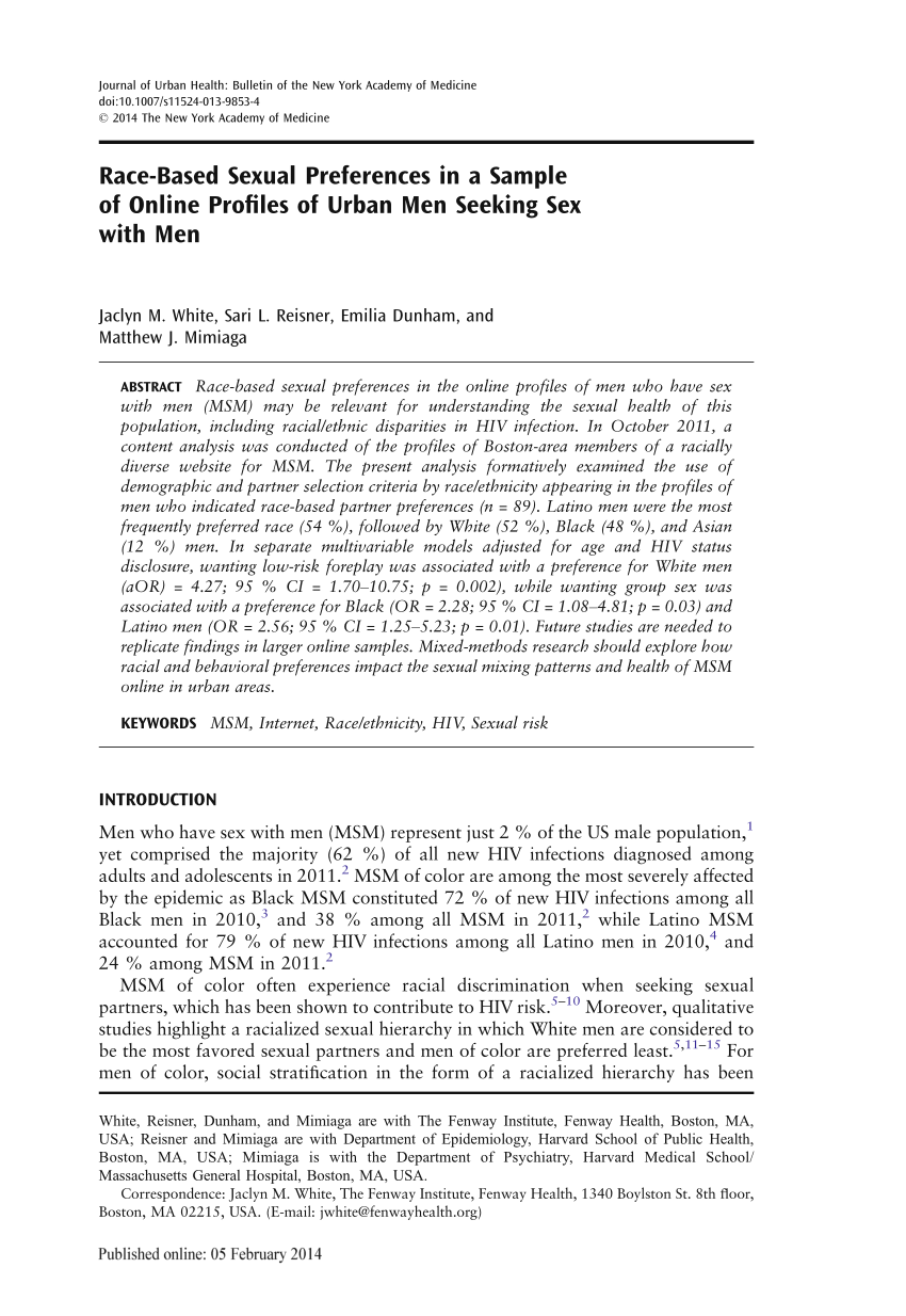 PDF) Race-Based Sexual Preferences in a Sample of Online Profiles of Urban Men  Seeking Sex with Men