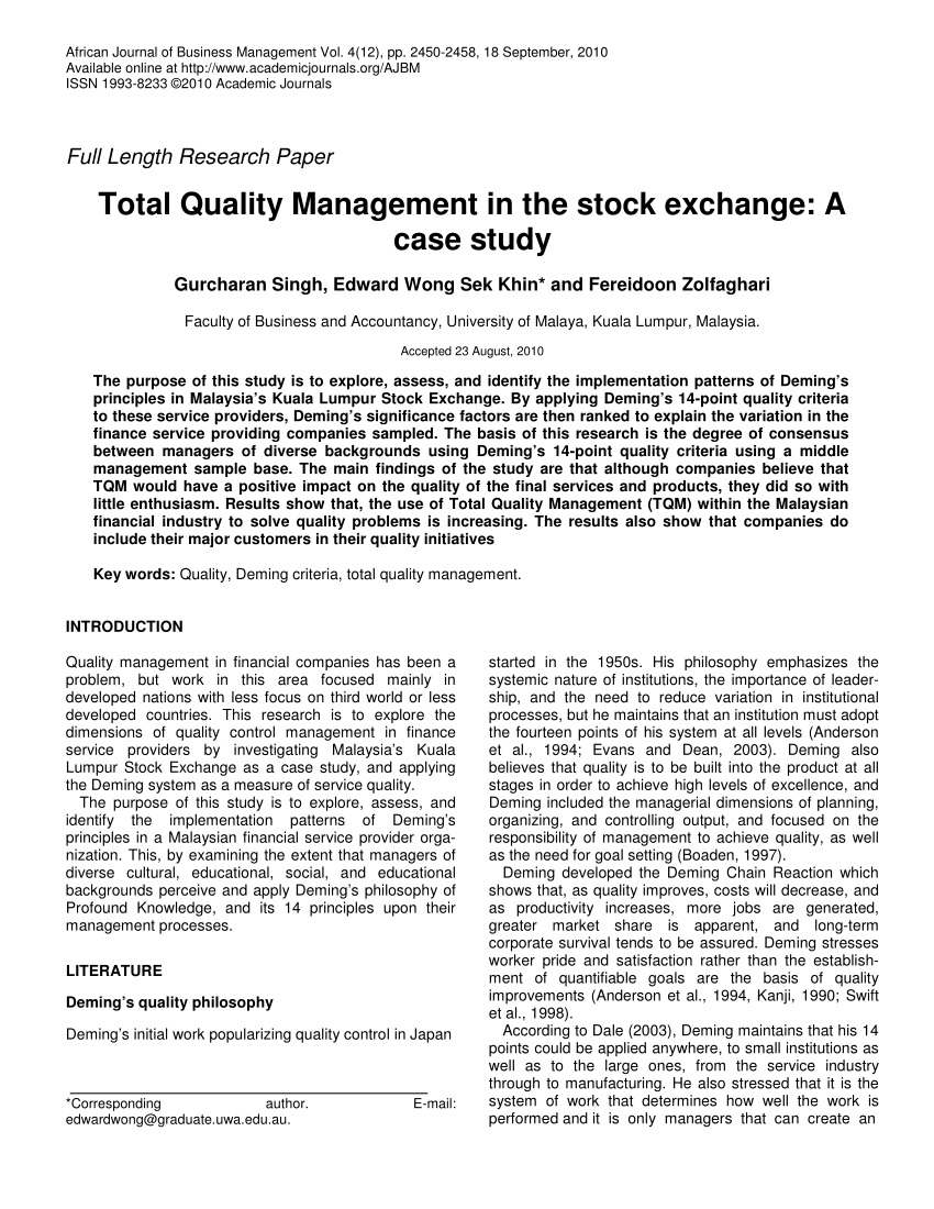 total quality management case study with questions and answers