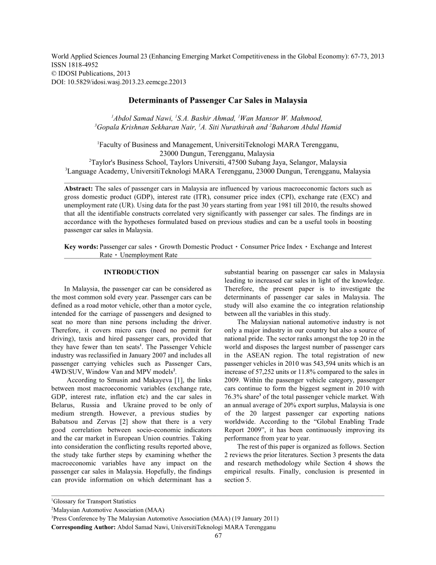 Pdf Determinants Of Passenger Car Sales In Malaysia