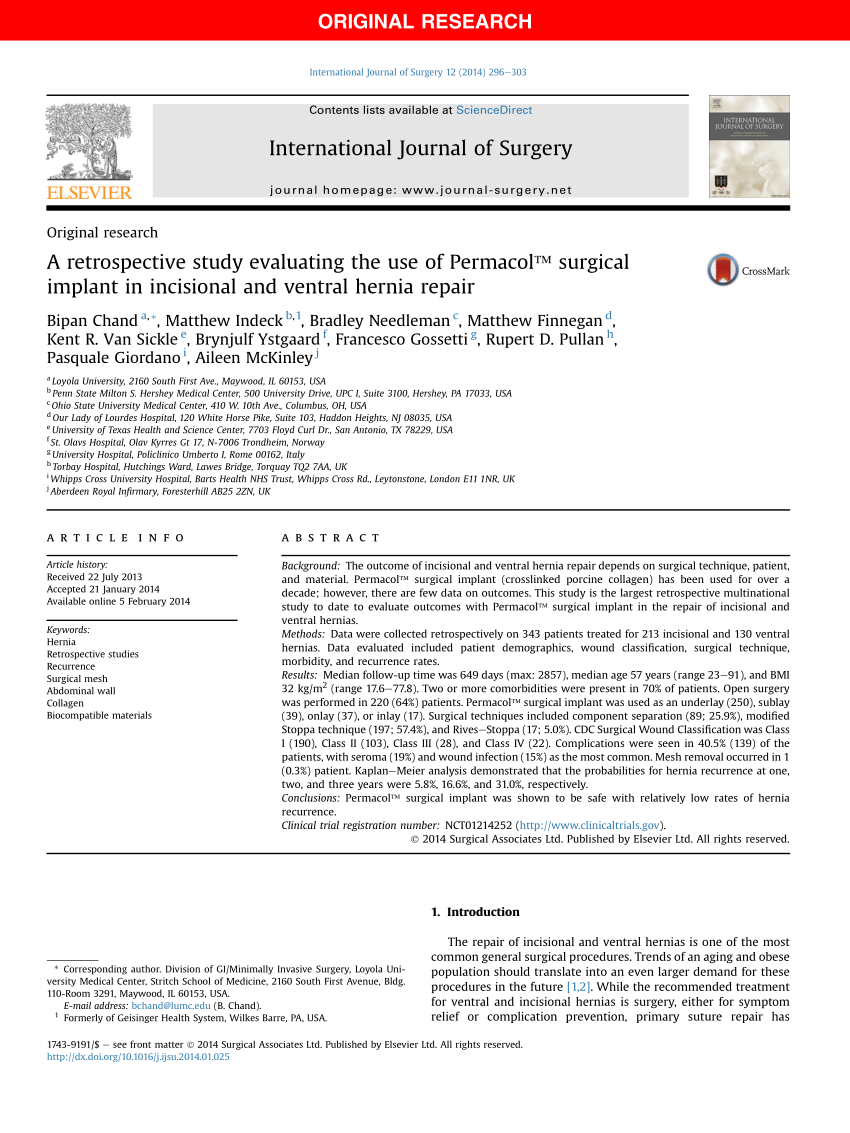 PDF) A retrospective study evaluating the use of Permacol (TM) surgical  implant in incisional and ventral hernia repair