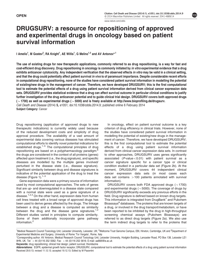 Pdf Drugsurv A Resource For Repositioning Of Approved And Experimental Drugs In Oncology 4016