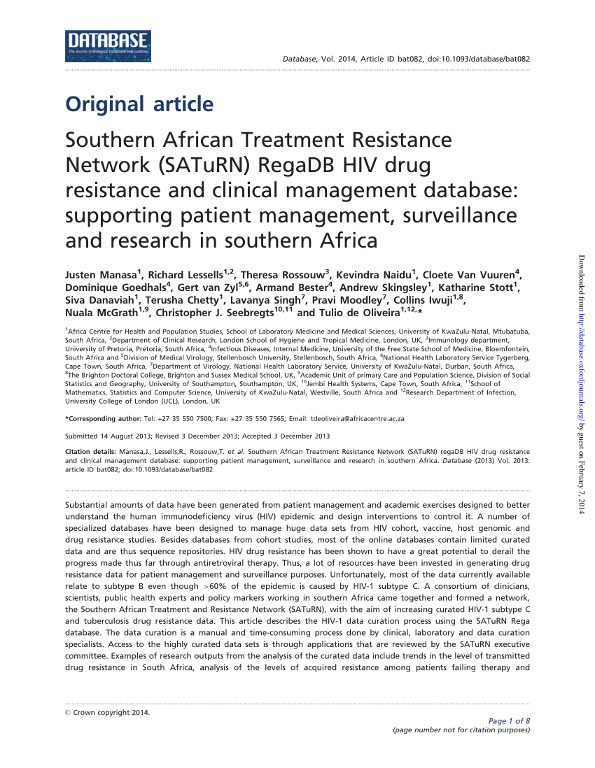 Pdf Southern African Treatment Resistance Network Saturn Regadb Hiv Drug Resistance And Clinical Management Database Supporting Patient Management Surveillance And Research In Southern Africa