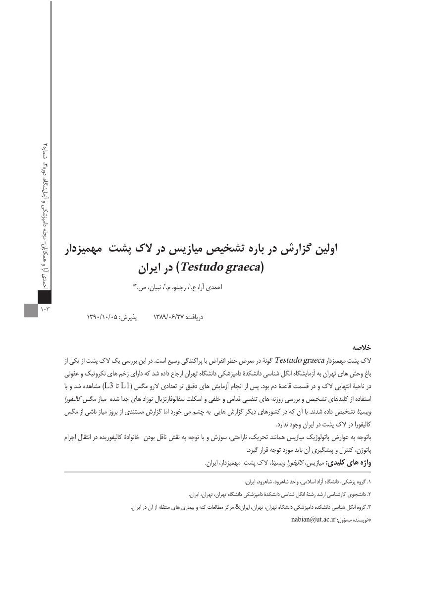 Pdf The First Report Of Myiasis In Testudo Graeca In Iran