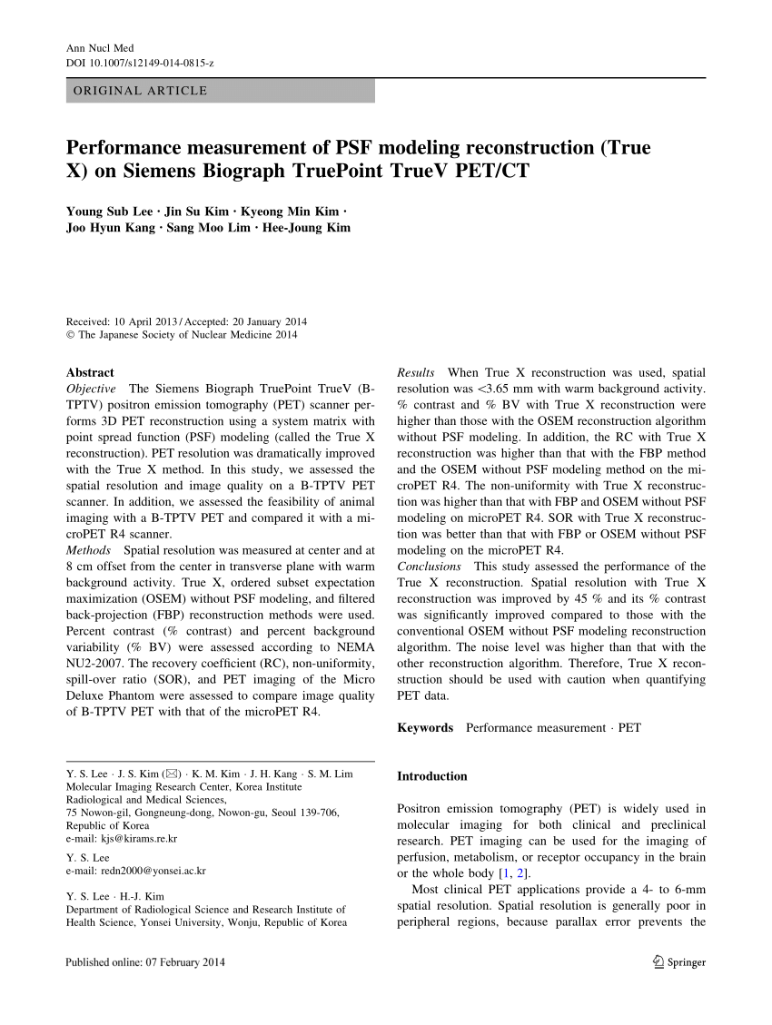 Pdf Performance Measurement Of Psf Modeling Reconstruction True X On Siemens Biograph Truepoint Truev Pet Ct