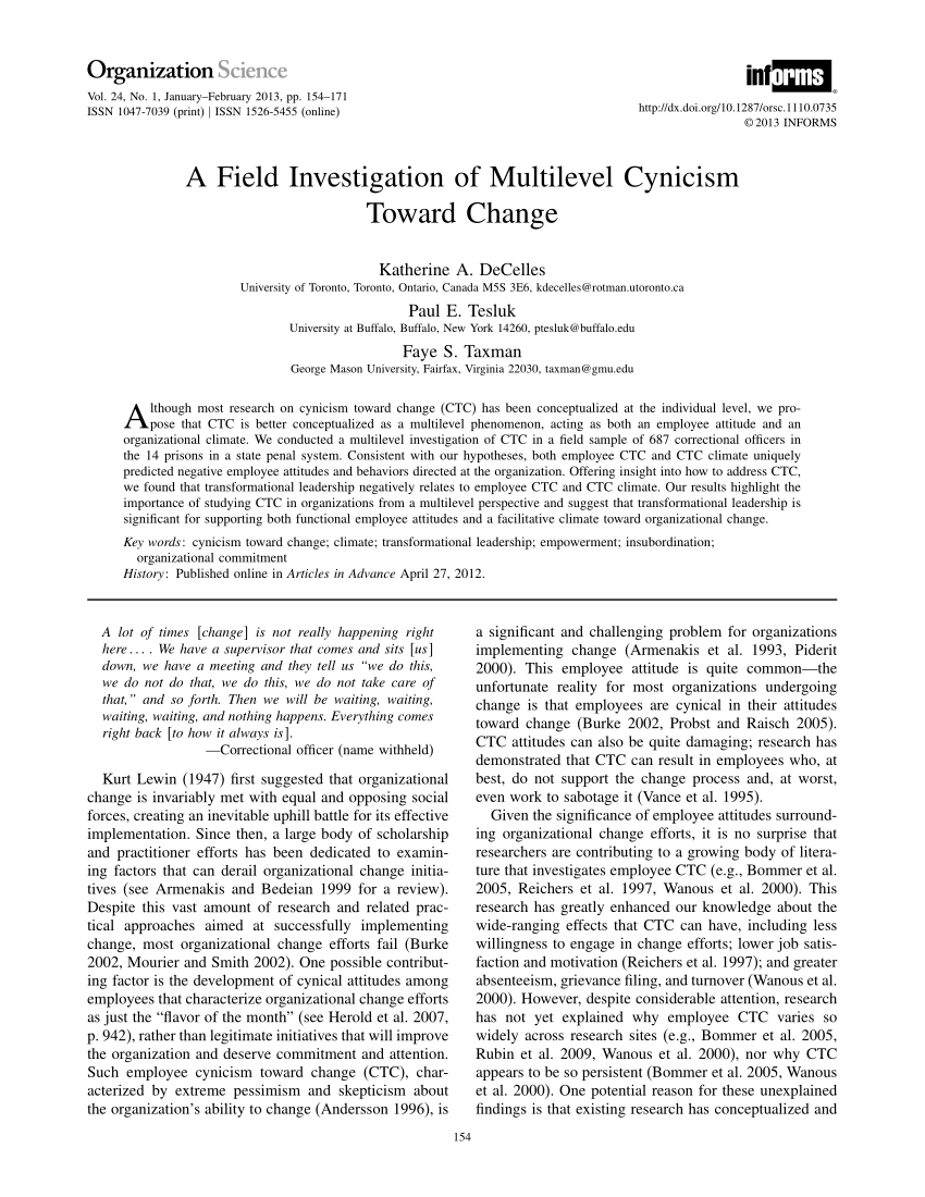 PDF) A Field Investigation of Multilevel Cynicism Toward Change