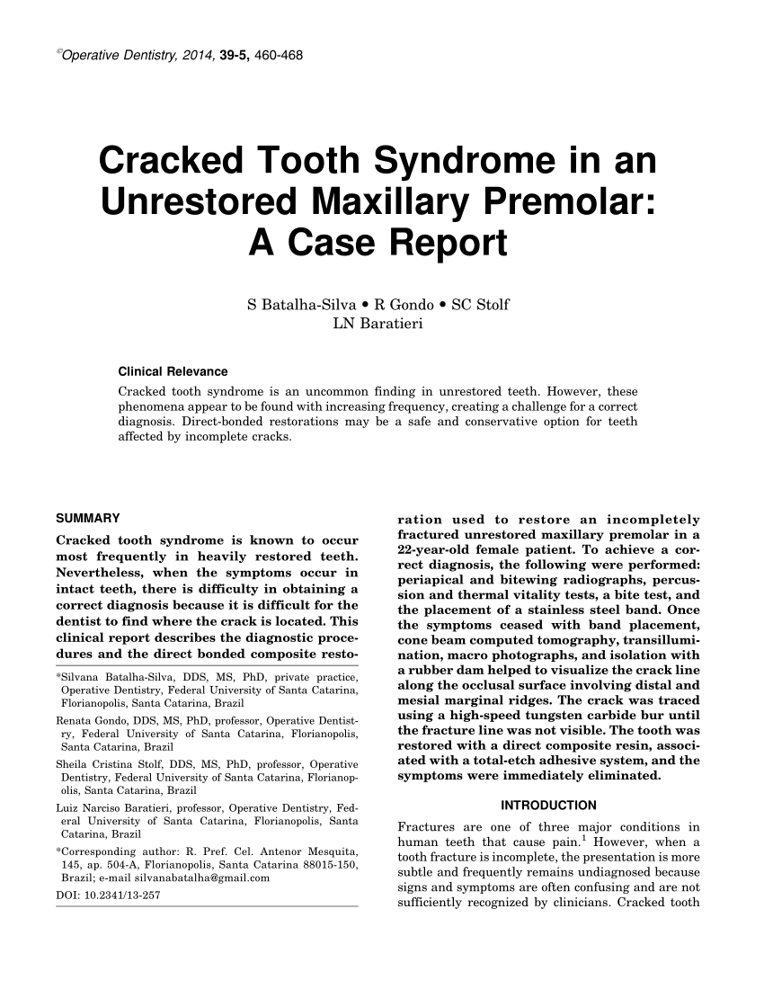PDF) Cracked Tooth Syndrome in an Unrestored Maxillary Premolar: A