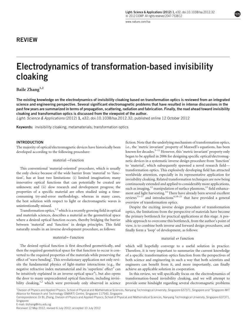 PDF) Electrodynamics of transformation-based invisibility cloaking