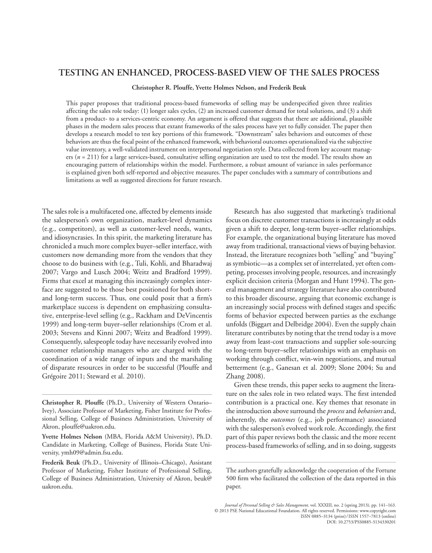 Pdf Testing An Enhanced Process Based View Of The Sales Process