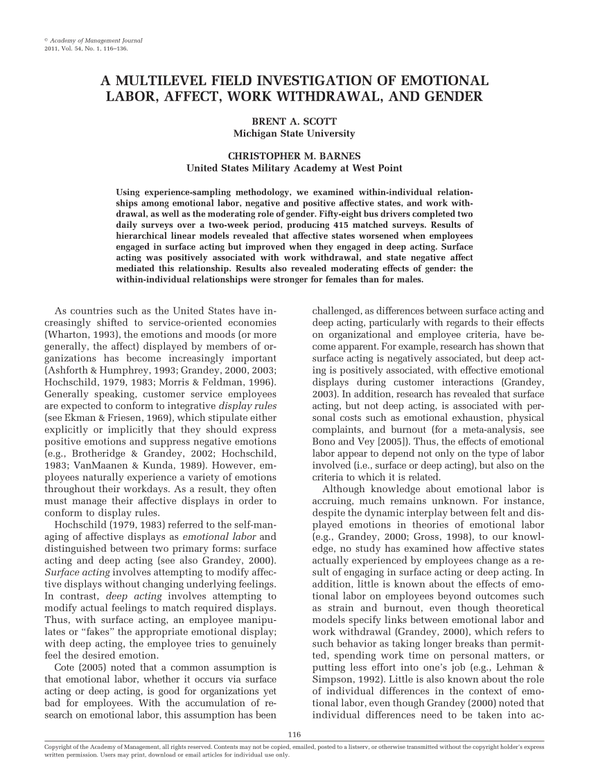 Pdf A Multilevel Field Investigation Of Emotional Labor Affect