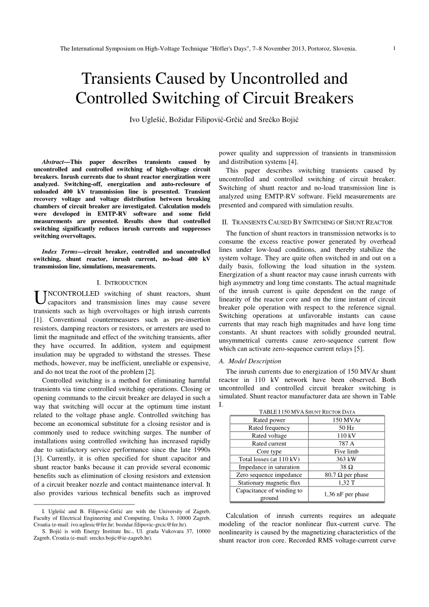 Pdf Transients Caused By Uncontrolled And Controlled Switching Of Circuit Breakers