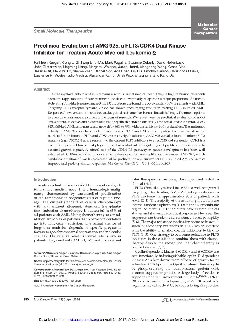 Preclinical Evaluation of AMG 925, a FLT3/CDK4 Dual Kinase 