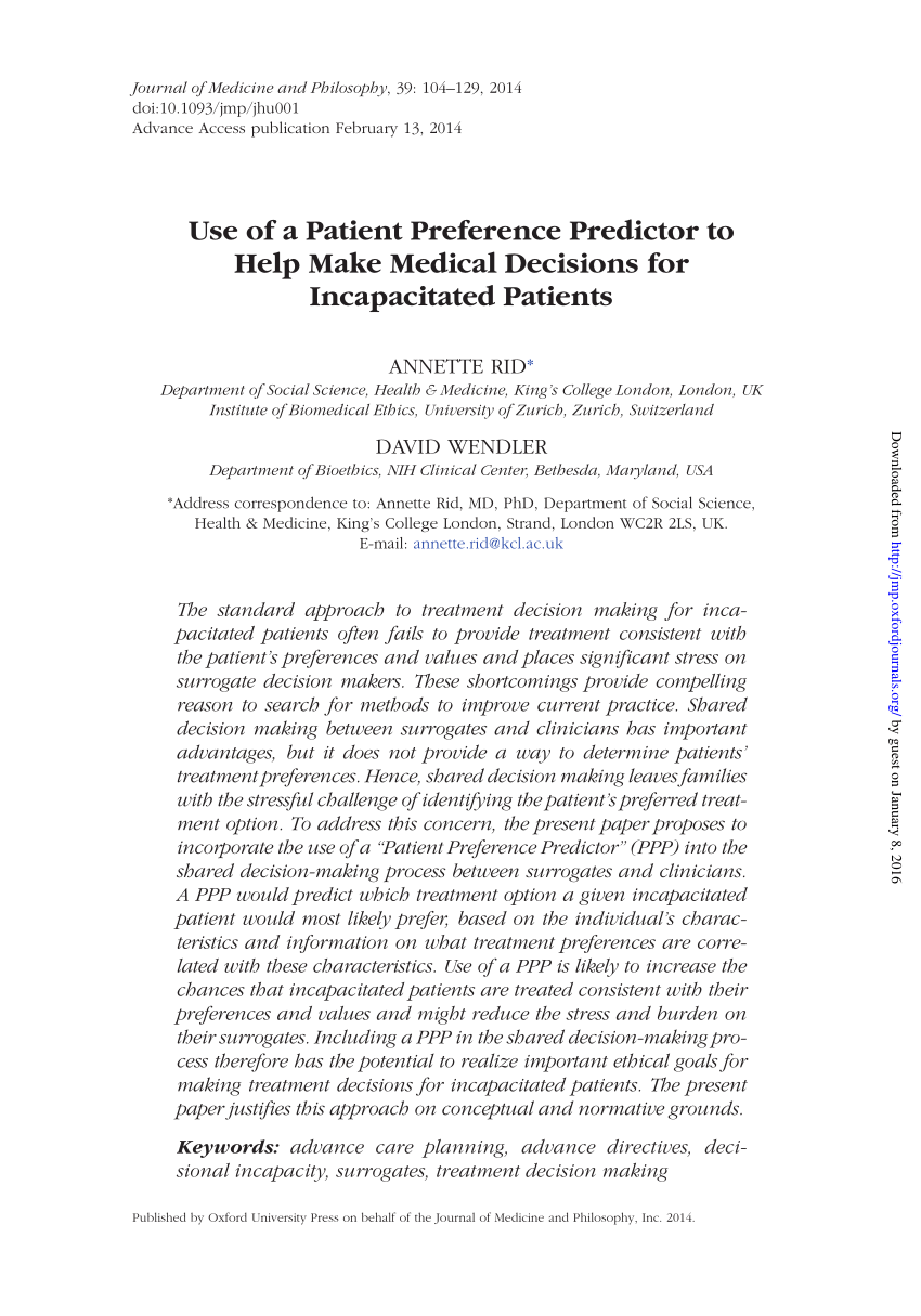 (PDF) Use of a Patient Preference Predictor to Help Make Medical ...