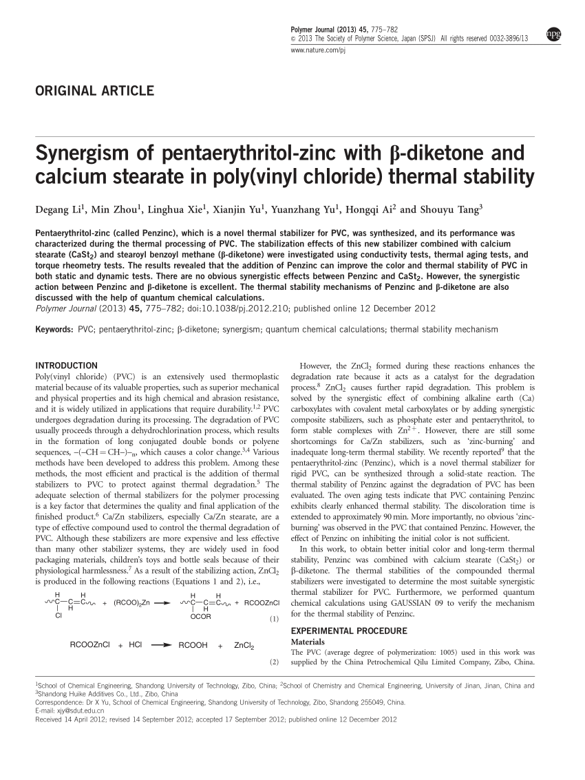 Pdf Synergism Of Pentaerythritol Zinc With Diketone And Calcium Stearate In Poly Vinyl Chloride Thermal Stability