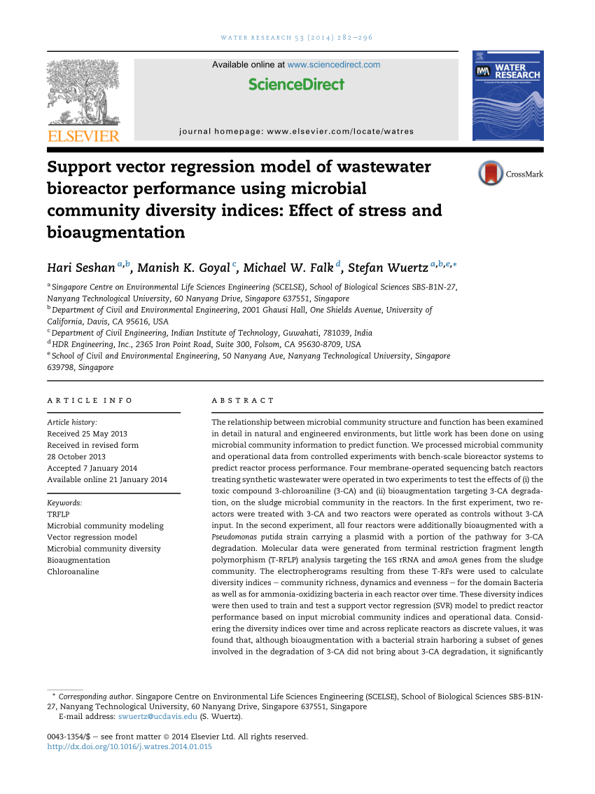 Pdf Support Vector Regression Model Of Wastewater Bioreactor Performance Using Microbial Community Diversity Indices Effect Of Stress And Bioaugmentation