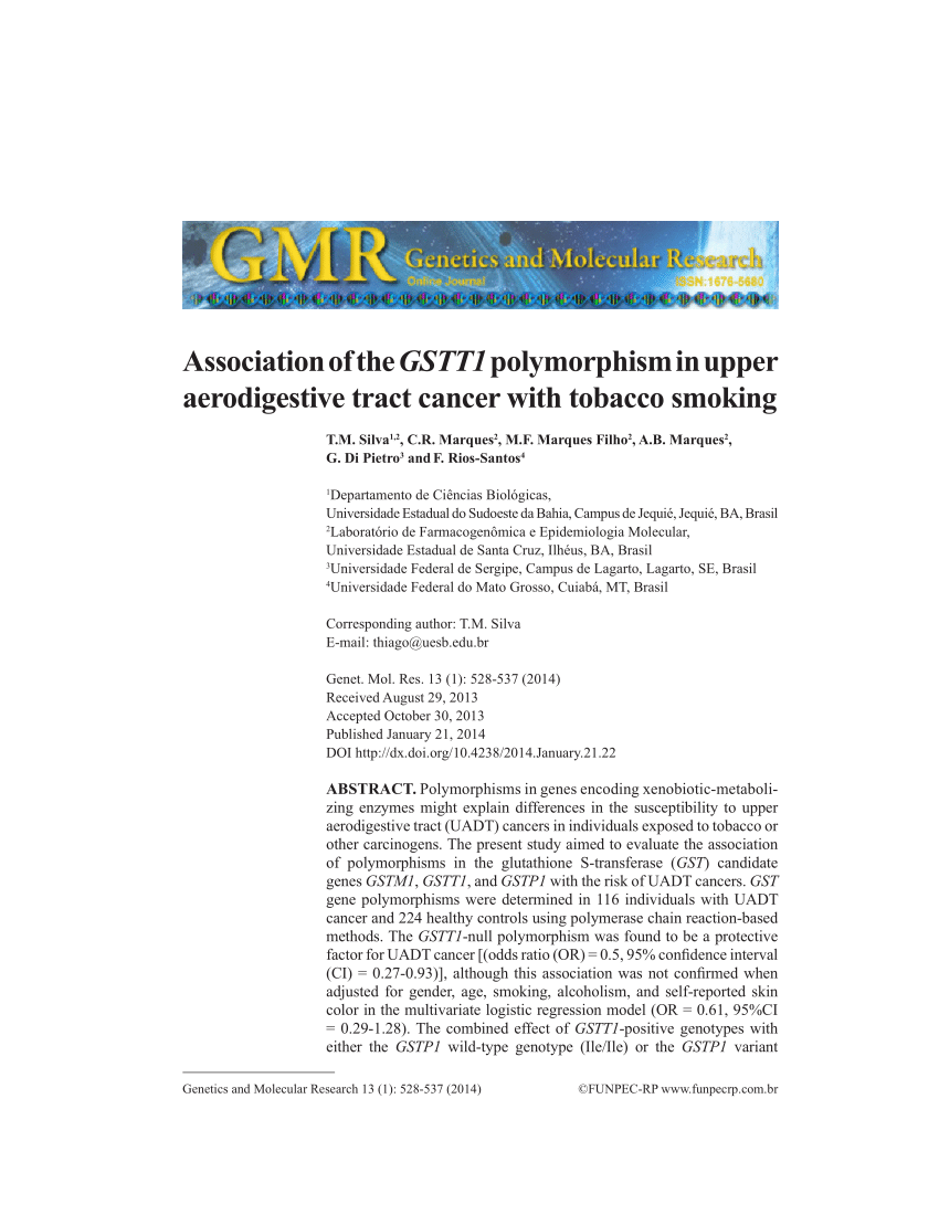 Pdf Association Of The Gstt1 Polymorphism In Upper Aerodigestive Tract Cancer With Tobacco Smoking