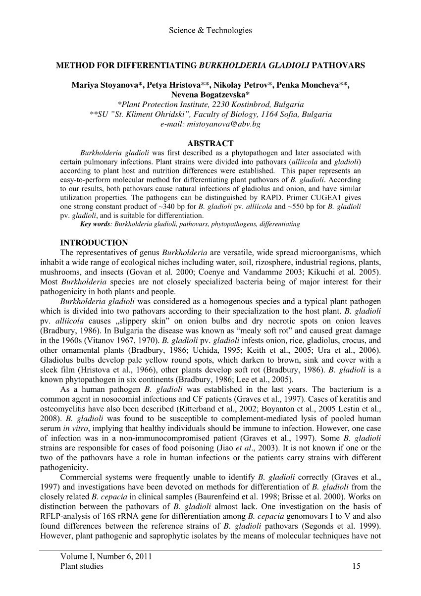 PDF) METHOD FOR DIFFERENTIATING BURKHOLDERIA GLADIOLI PATHOVARS