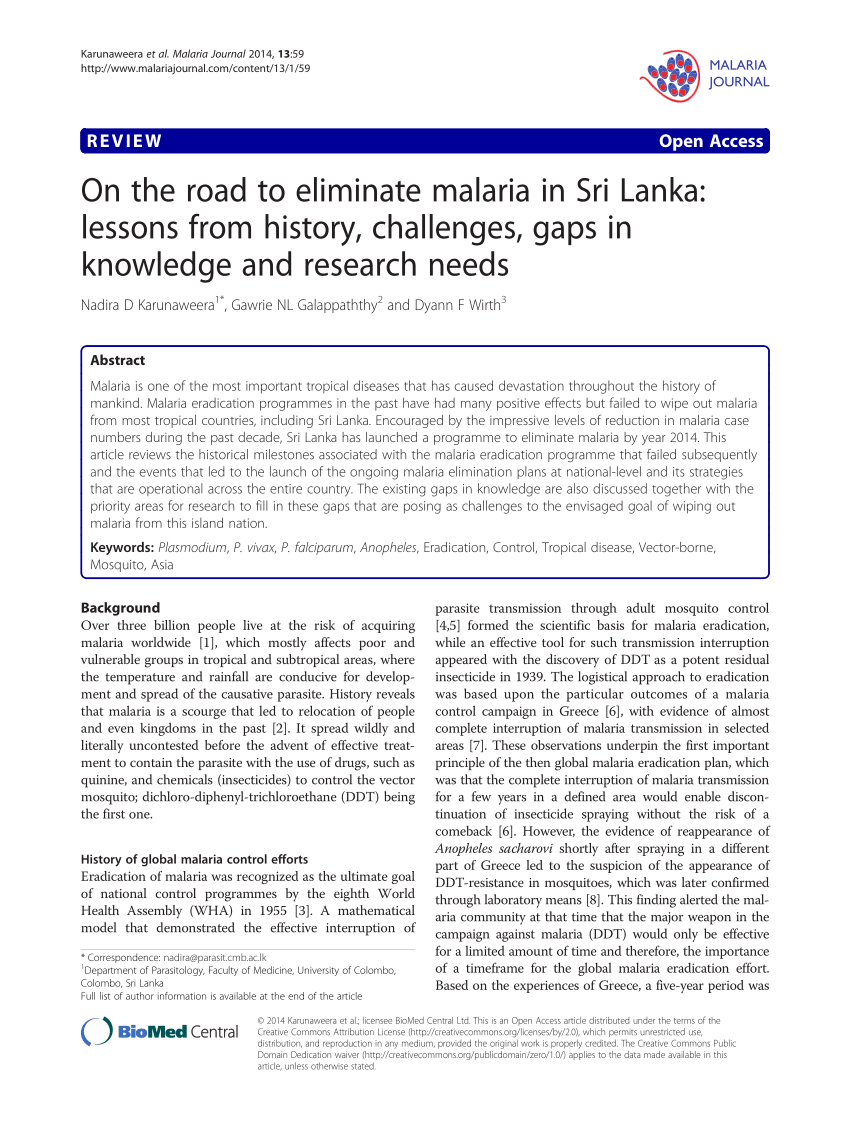 Pdf On The Road To Eliminate Malaria In Sri Lanka Lessons From History Challenges Gaps In Knowledge And Research Needs