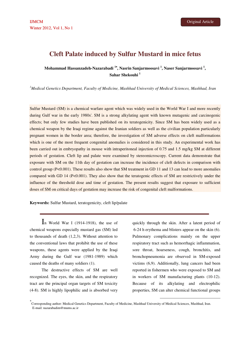 Pdf Cleft Palate Induced By Sulfur Mustard In Mice Fetus