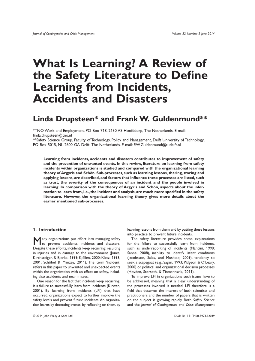 What Is Learning? A Review of the Safety Literature to Define