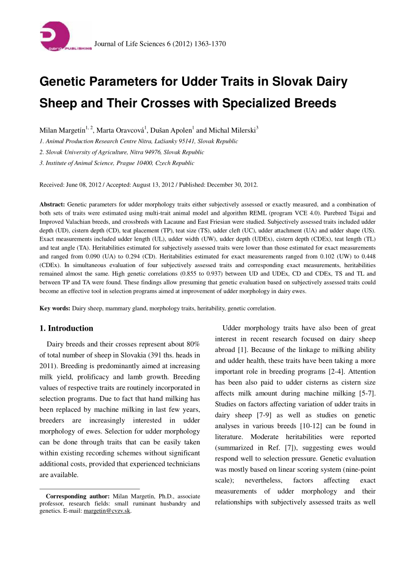 Pdf Genetic Parameters For Udder Traits In Slovak Dairy Sheep And Their Crosses With Specialized Breeds