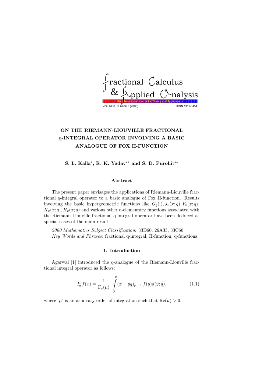 Pdf On The Riemann Liouville Fractional Q Integral Operator Involving A Basic Analogue Of Fox H Function