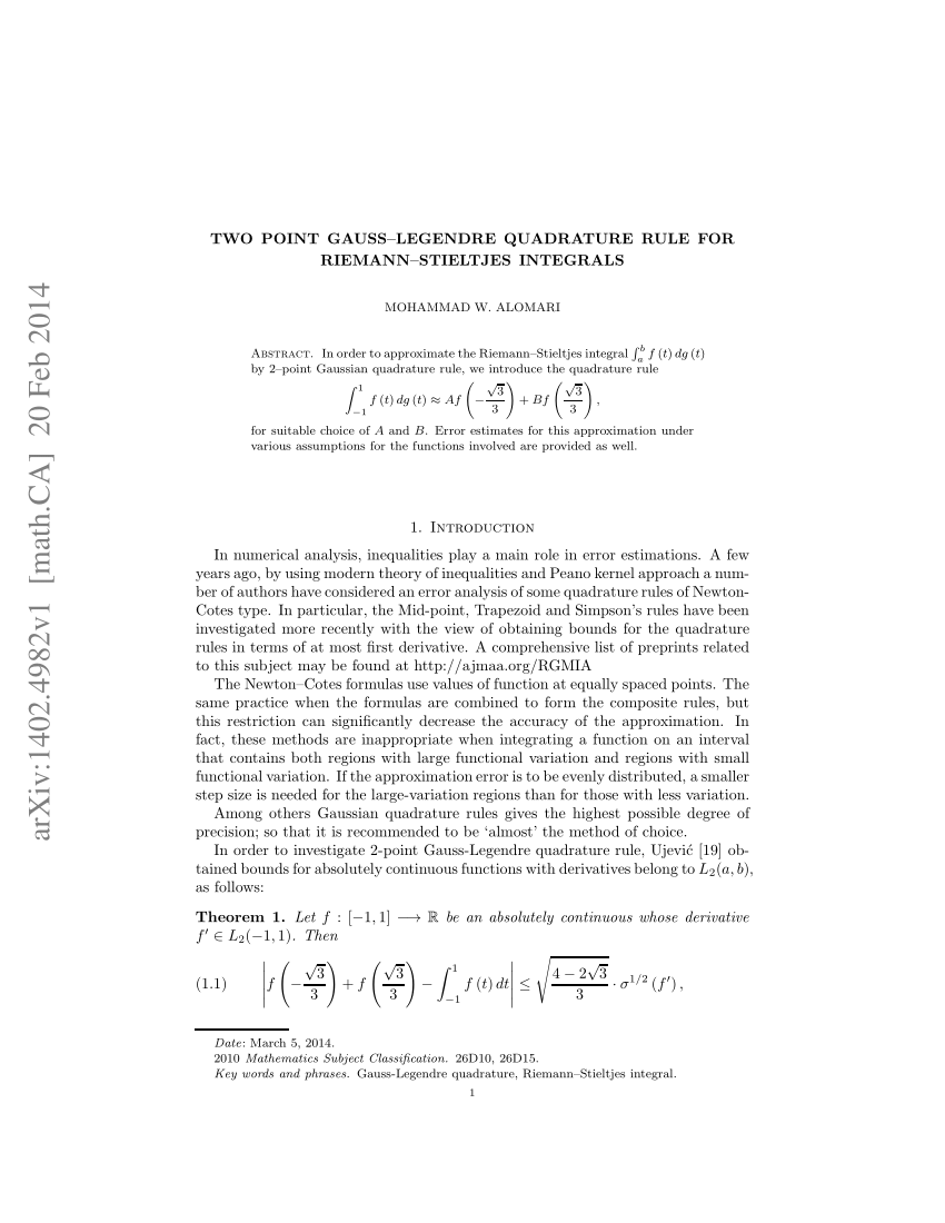 Pdf Two Point Gauss Legendre Quadrature Rule For Riemann Stieltjes Integrals