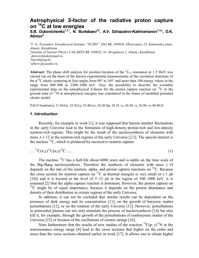 Pdf Astrophysical S Factor Of The Radiative Proton Capture On 14c At Low Energies