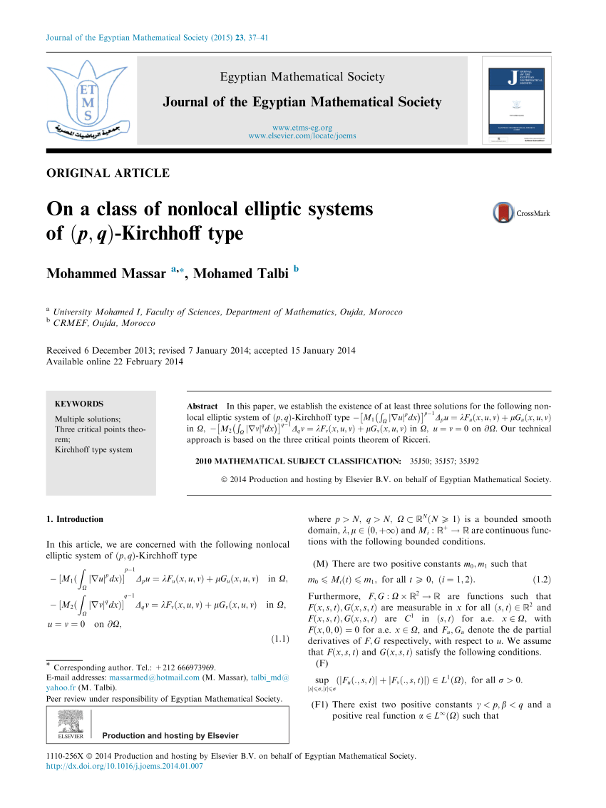 Pdf On A Class Of Nonlocal Elliptic Systems Of Kirchhoff Type