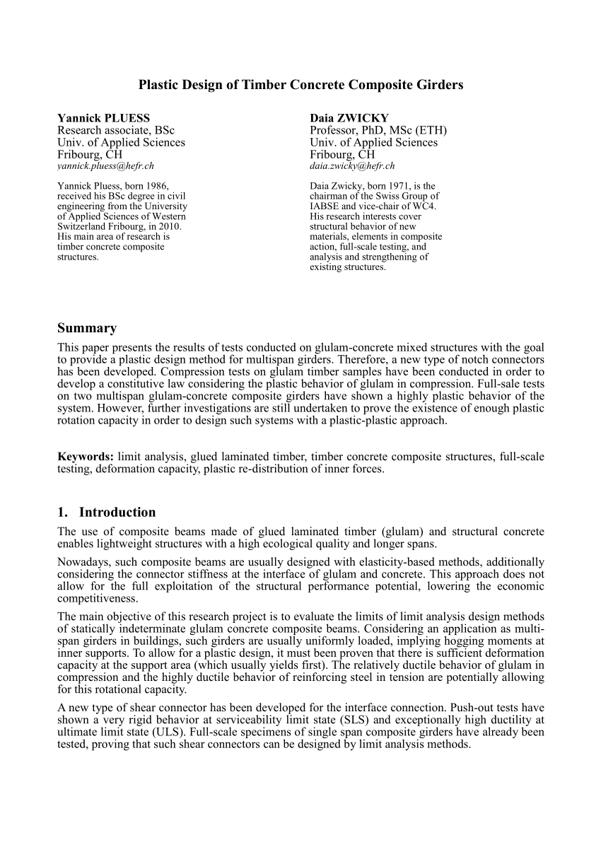Pdf Plastic Design Of Timber Concrete Composite Girders