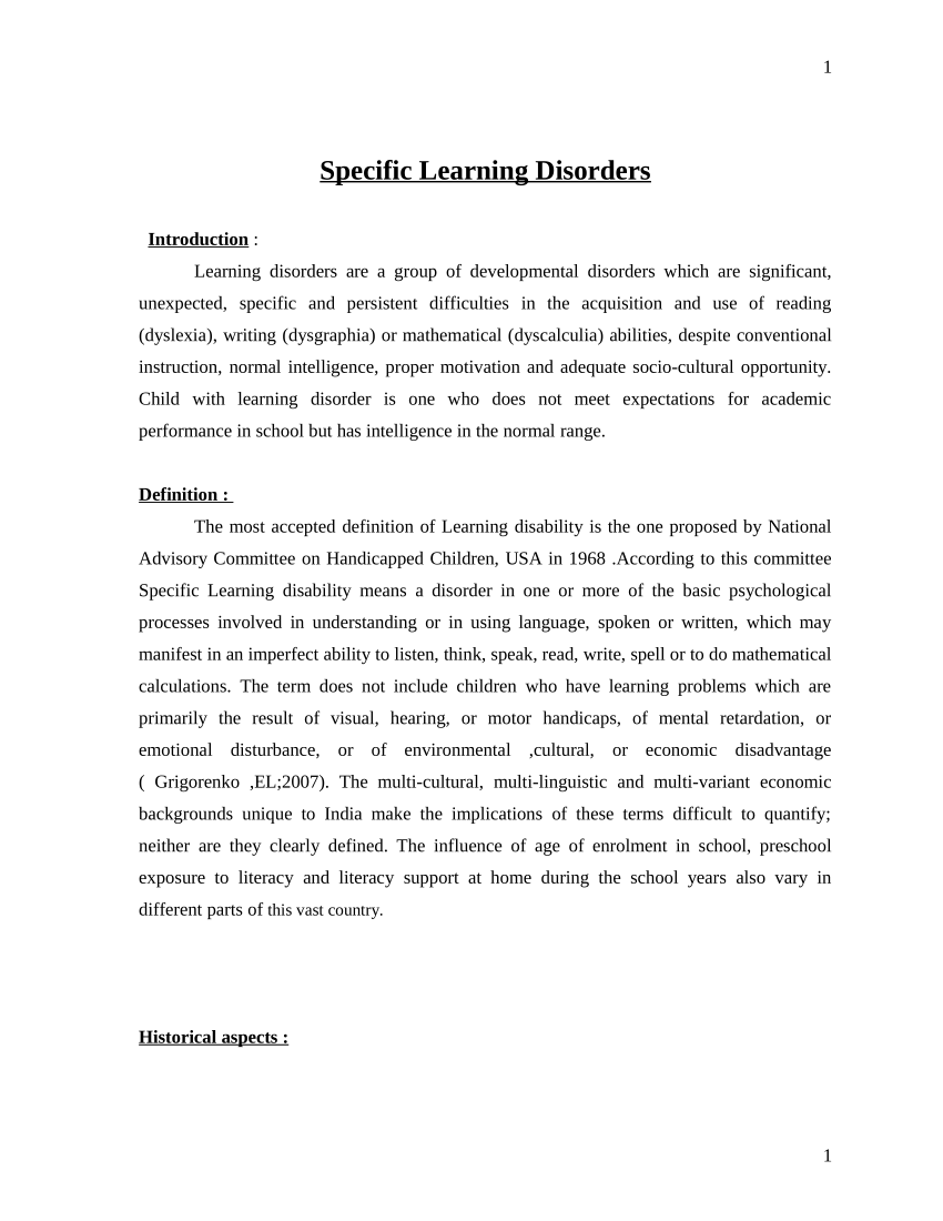 case study on specific learning disorder