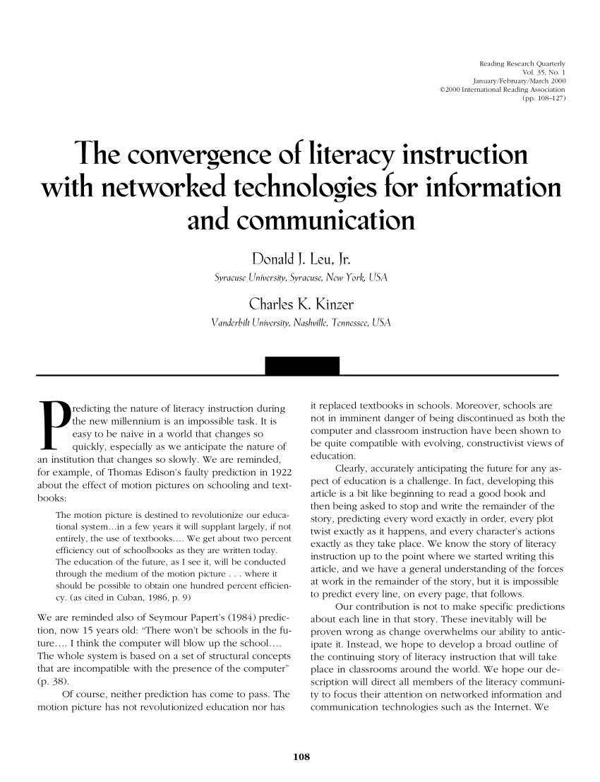 Pdf The Convergence Of Literacy Instruction With Networked Technologies For Information And Communication