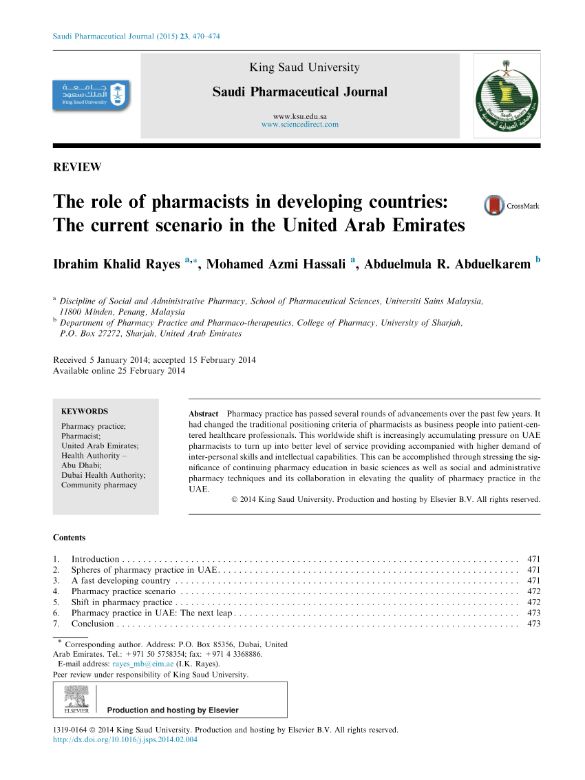 Pdf The Role Of Pharmacists In Developing Countries The Current Scenario In The United Arab Emirates