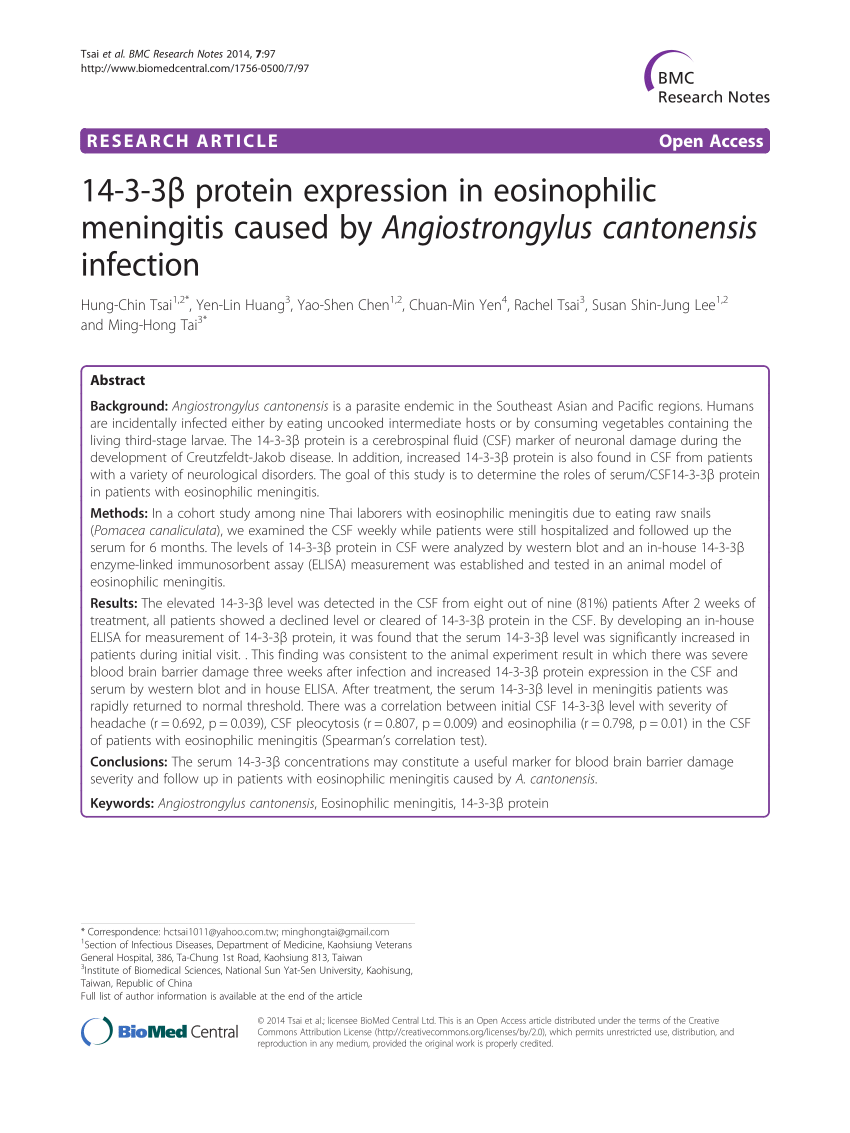 PDF) 14-3-3  protein expression in eosinophilic meningitis caused ...