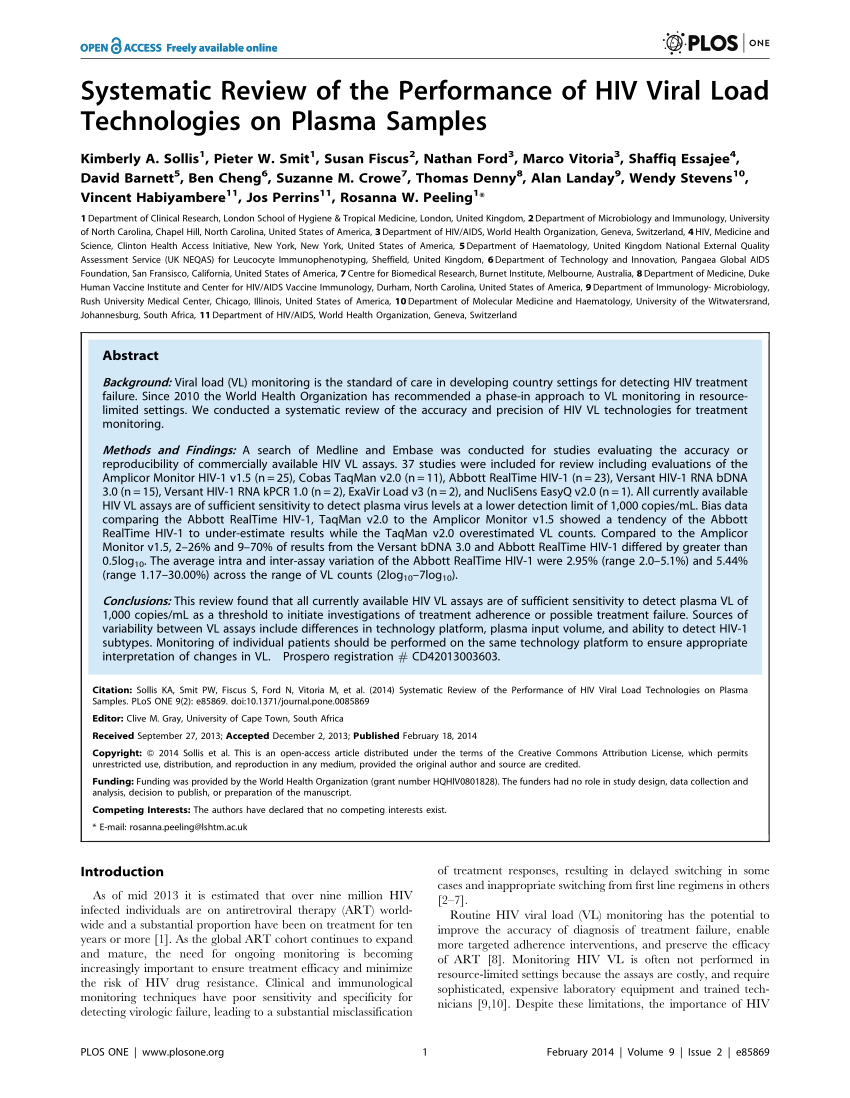 Pdf Systematic Review Of The Performance Of Hiv Viral Load 6940