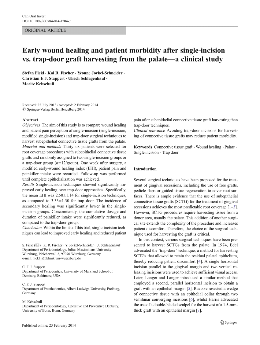 Pdf Early Wound Healing And Patient Morbidity After Single Incision Vs Trap Door Graft Harvesting From The Palate A Clinical Study