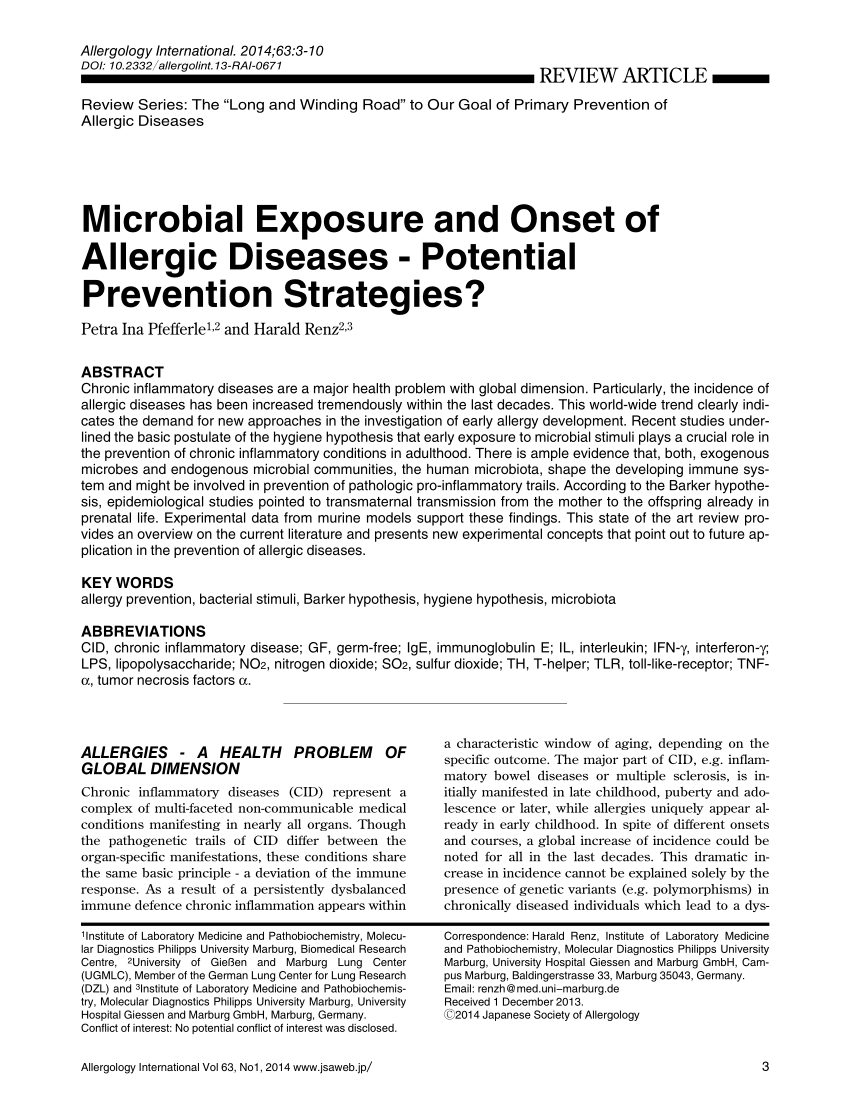 Pdf Microbial Exposure And Onset Of Allergic Diseases Potential Prevention Strategies 