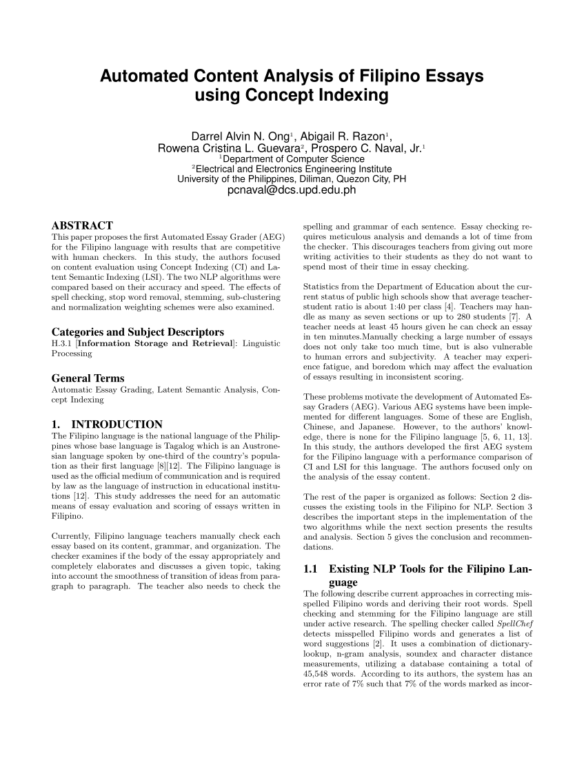 Pdf Automated Content Analysis Of Filipino Essays Using Concept Indexing
