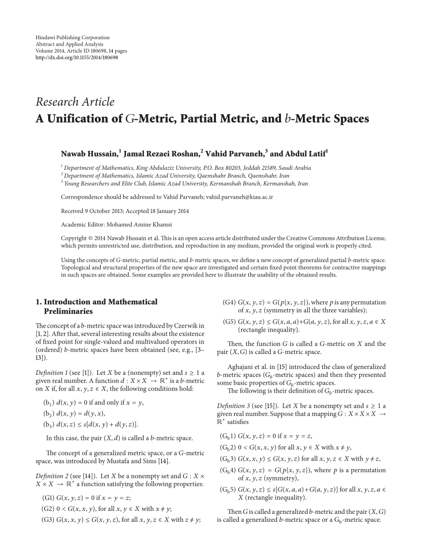Pdf A Unification Of G Metric Partial Metric And B Metric Spaces