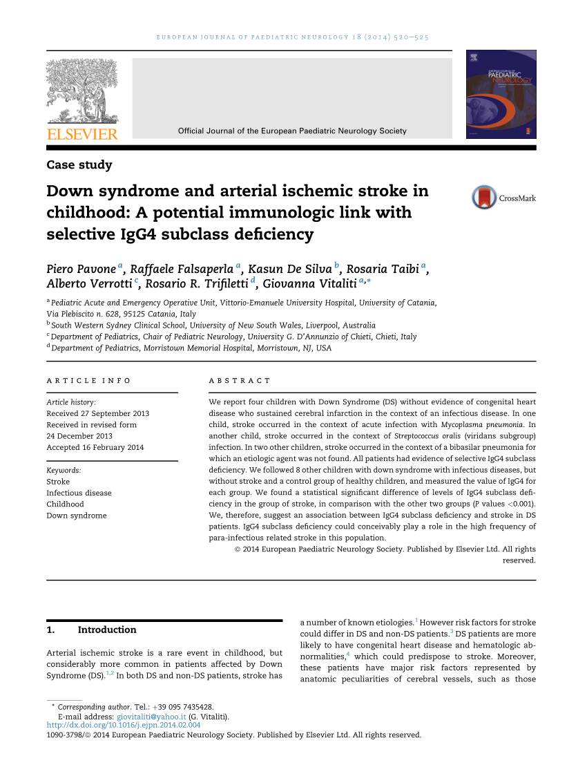 Pdf Down Syndrome And Arterial Ischemic Stroke In Childhood A Potential Immunologic Link With Selective Igg4 Subclass Deficiency