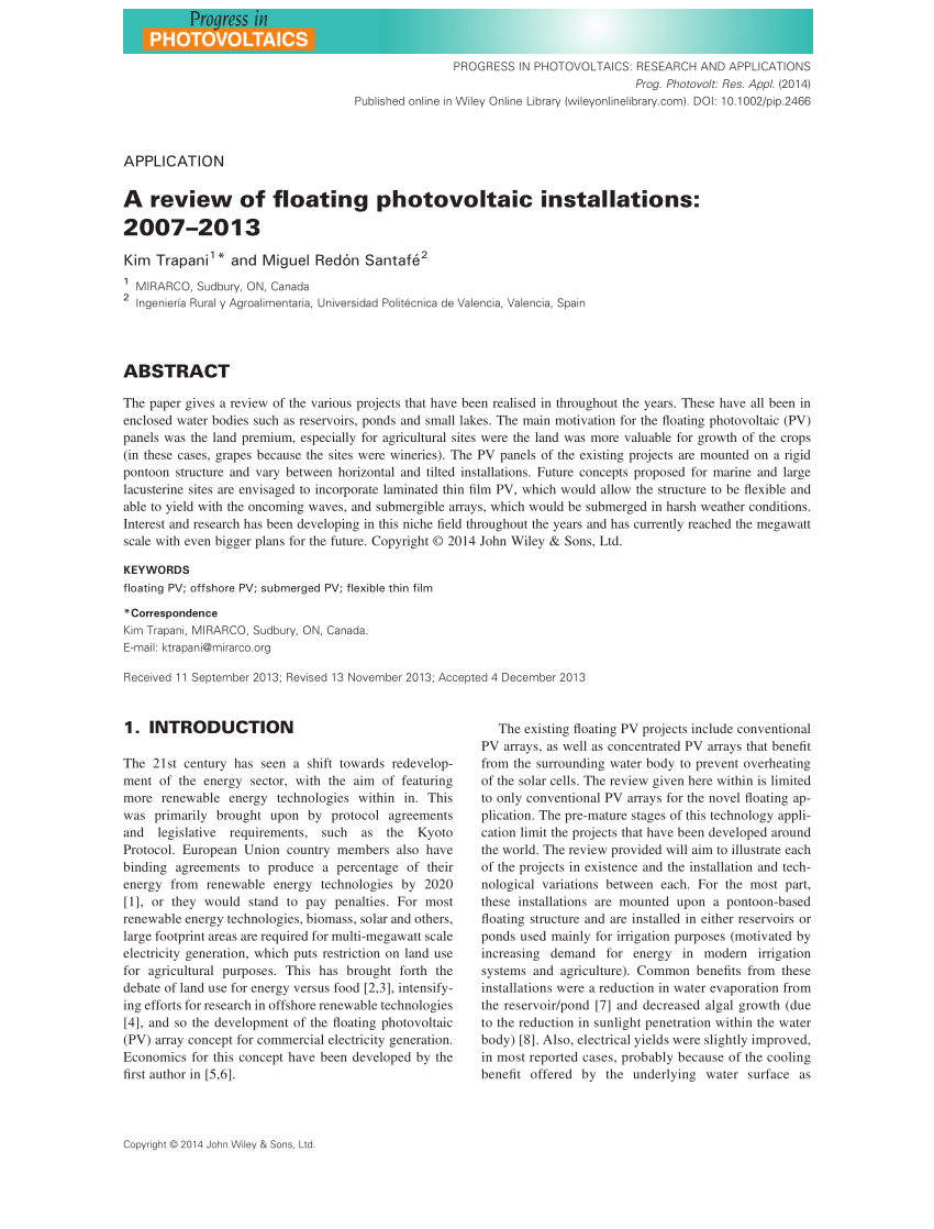 Pdf A Review Of Floating Photovoltaic Installations 2007 2013