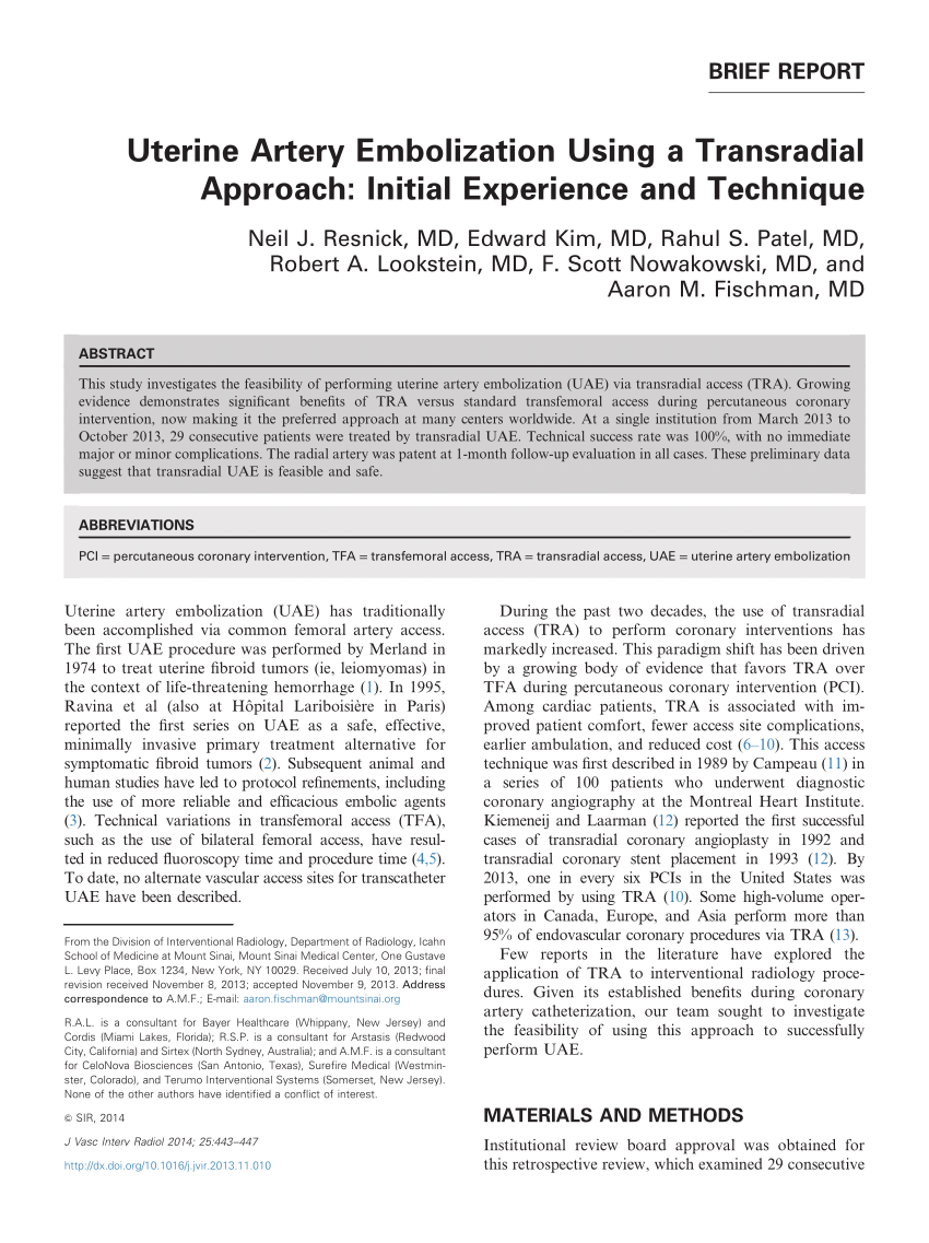 Pdf Uterine Artery Embolization Using A Transradial Approach