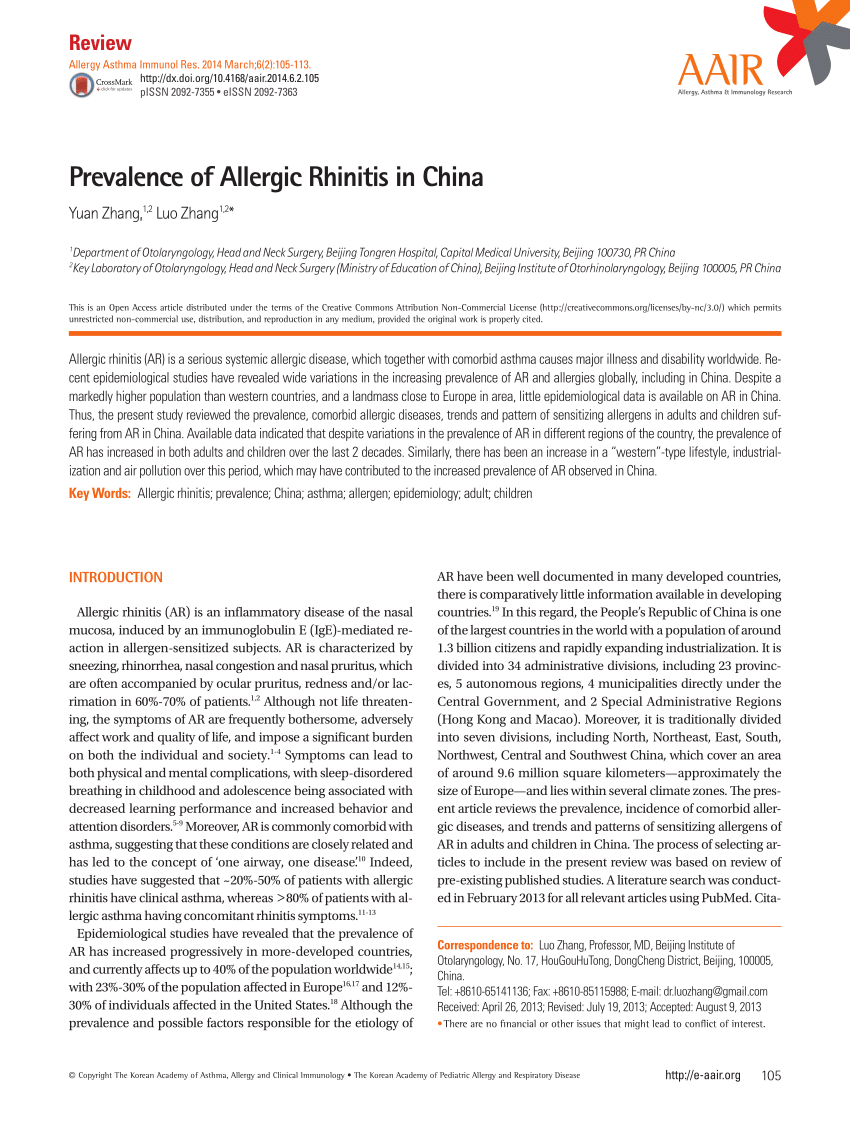 PDF) Prevalence of Allergic Rhinitis in China