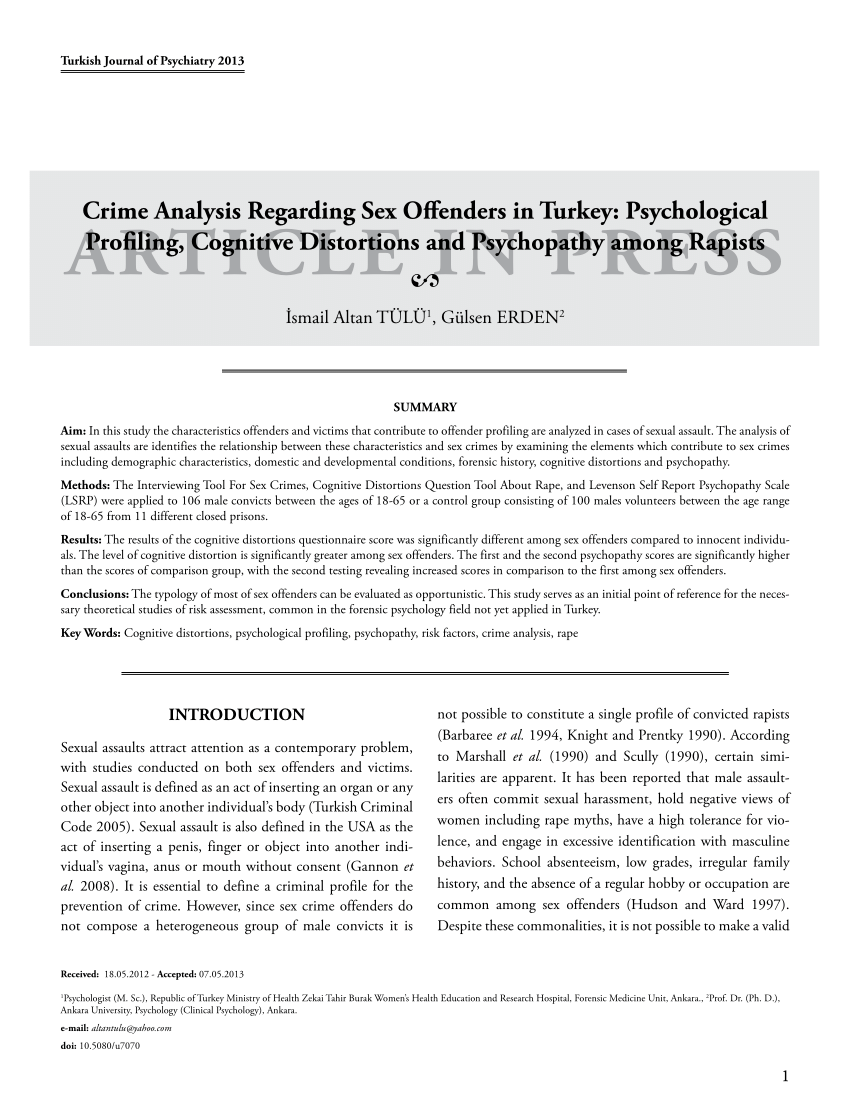 PDF) Crime analysis regarding sex offenders in Turkey Psychological profiling, cognitive distortions and psychopathy among rapists image photo