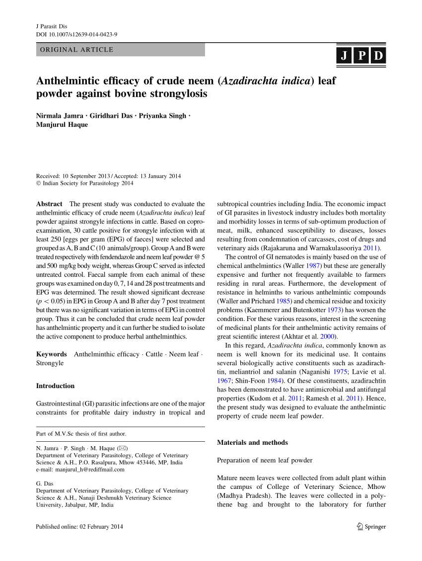 anthelmintic activity of azadirachta indica)