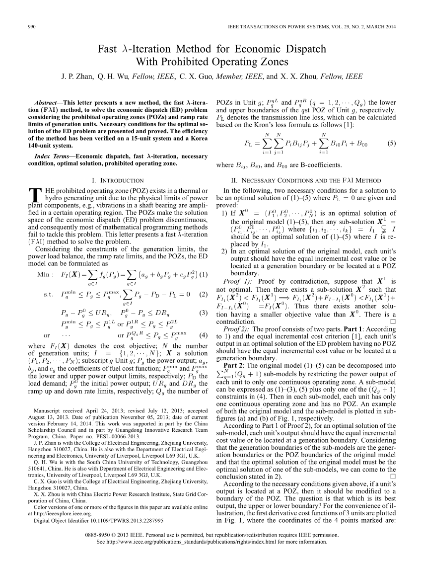 Pdf Fast Iteration Method For Economic Dispatch With Prohibited Operating Zones