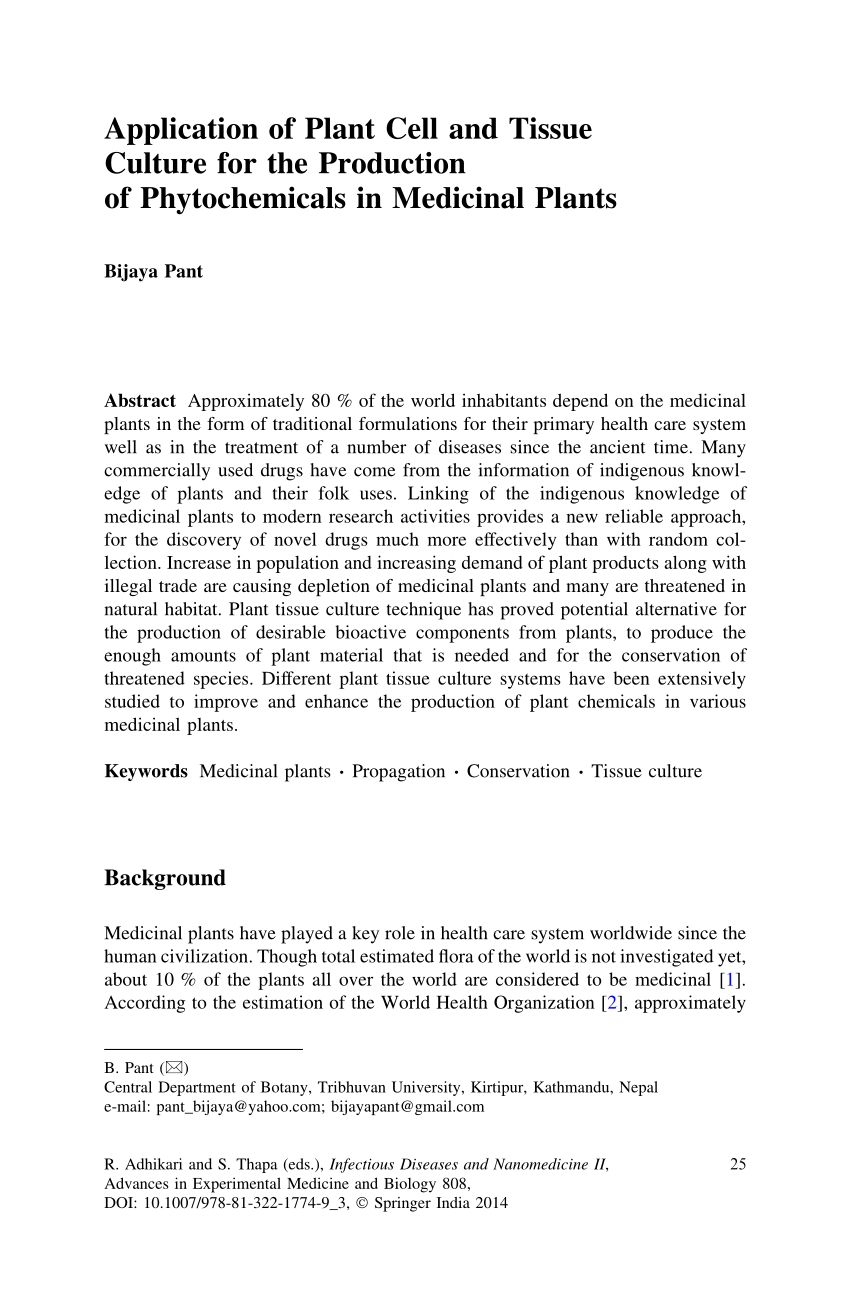 Pdf Application Of Plant Cell And Tissue Culture For The Production Of Phytochemicals In Medicinal Plants