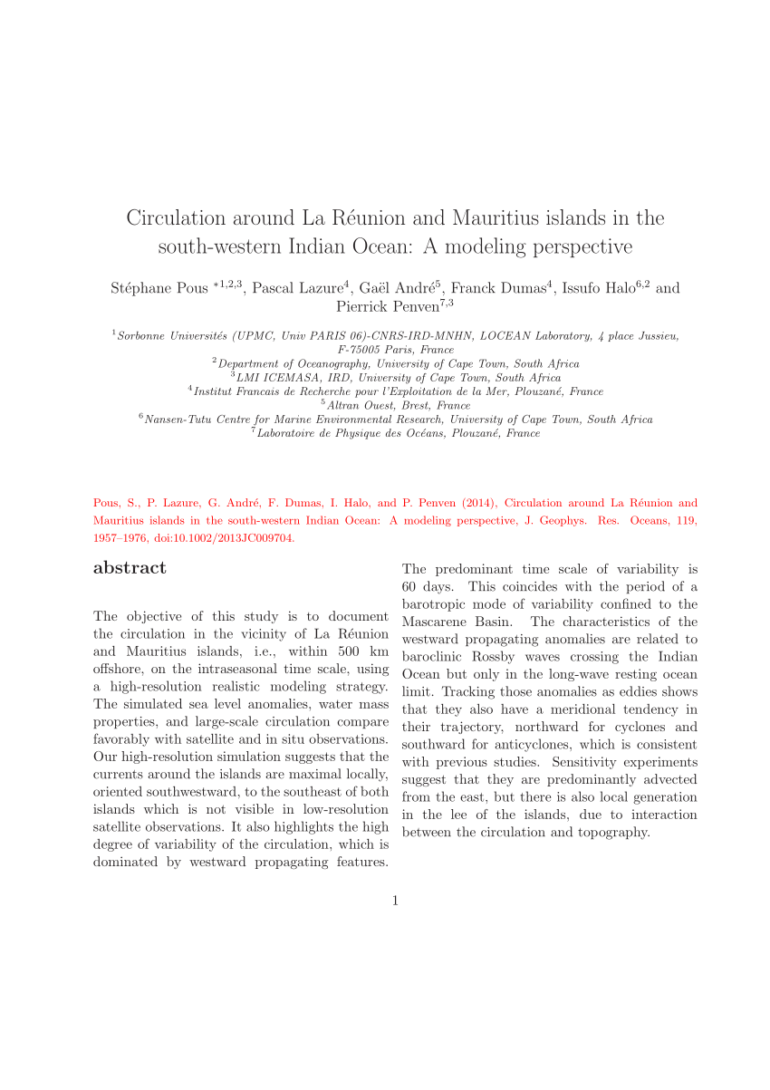 Pdf Circulation Around La Reunion And Mauritius Islands In The South Western Indian Ocean A Modeling Perspective