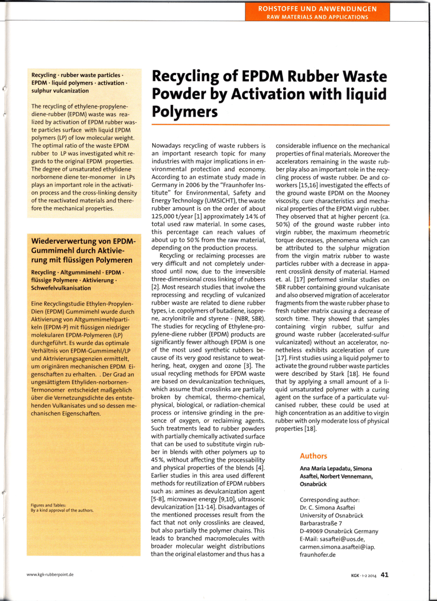 Pdf Recycling Of Epdm Rubber Waste Powder By Activation With Liquid Polymers