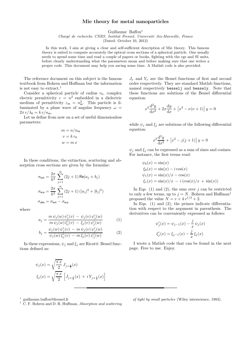 (PDF) Mie theory & Matlab code