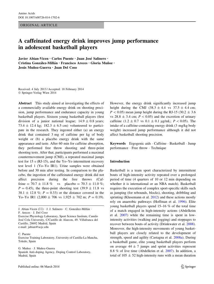 Pdf A Caffeinated Energy Drink Improves Jump Performance In Adolescent Basketball Players
